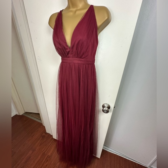 Lulus Burgundy Rare Beauty Tulle Backless Dual Front Slits Maxi Dress NWOT S - Picture 6 of 16